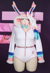 Übergröße Sylveon Derivative Sexy Bodysuit mit Kapuze Lingerie Socken Niedriger Kragen Choker Dessous