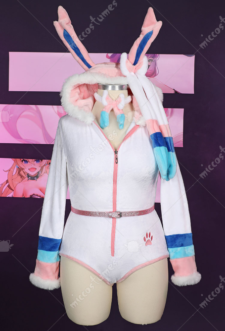 Plus Size PM Derivative Fluffy Bodycon Rompers Halloween Kawaii Hooded Bodysuit Lingerie Homewear with Choker and Socks