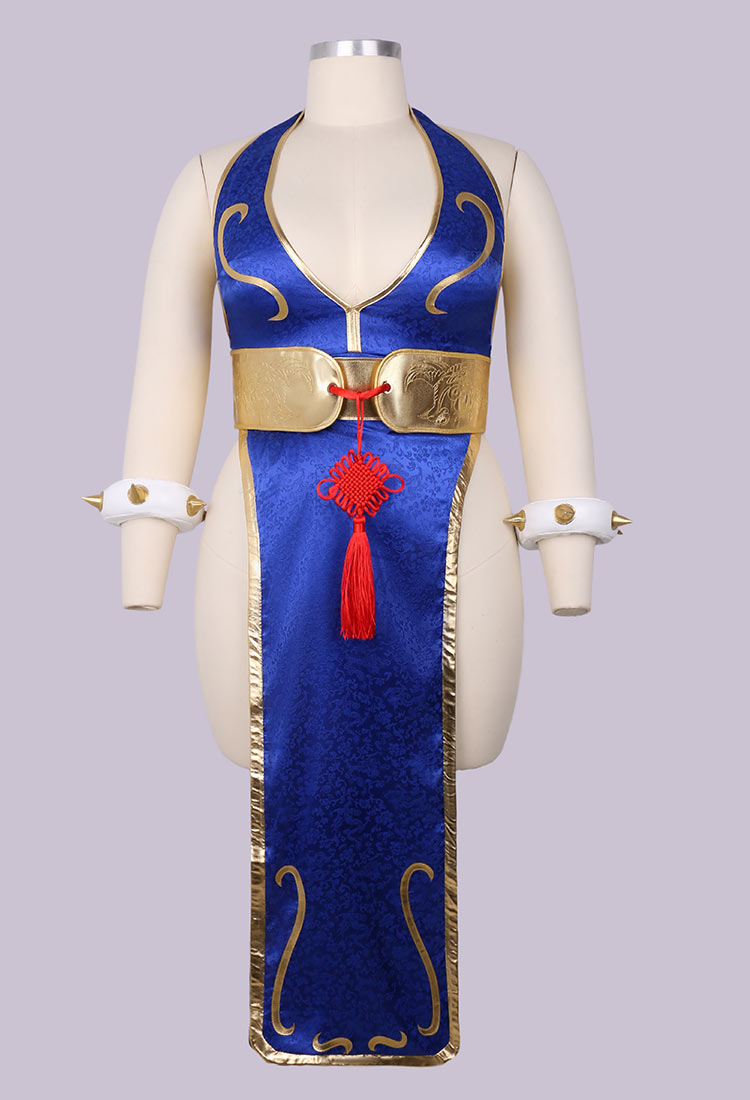 Plus Size Chun Li Derivative Sexy Lingerie Set Deep V High Split Cheongsam Dress with Belt Hand Rings