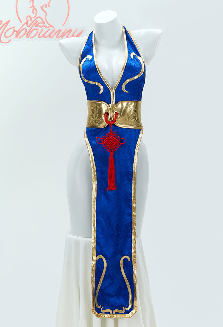 Halloween Cheongsam Sexy Lingerie Set Chun Li Derivative Deep V High Slit Dress with Belt Hand Rings