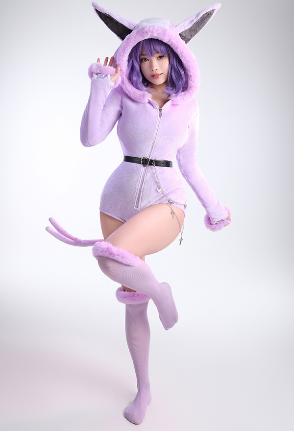 PM Derivative Bodycon Romper Pajama - Halloween Purple Furry Long Sleeve  Hooded Bodysuit Jumpsuit