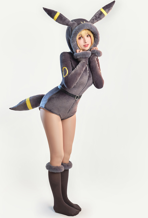 PM Derivative Bodysuit - Halloween Plush Hooded Deep V Romper and Socks  with Belt and Tail | Top Quality Lingerie for Sale