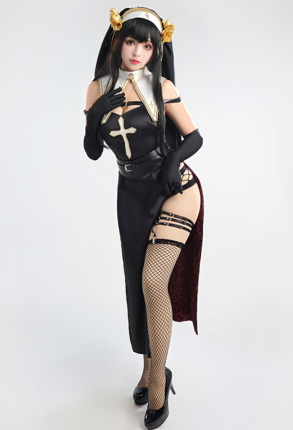 Spy House Thorn Derivative Sexy Lingerie Set - Gothic Nun Suit Black High  Slit Dress with Panty and Gloves | Top Quality Outfit for Sale