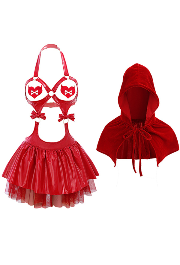 Sexy Rot Kleid Cutout Lingerie Gürtel Kurz Umhang Kawaii Dessous