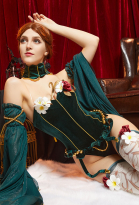 MADAME BOVARY Medieval Style Sexy Lingerie Set Halloween Flower Decor Green Bodysuit with Stockings and Tulle Sleeves