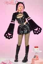 Furry Paw Sexy Lingerie Set Black Cat Plush Top and Skirt with Fishnet Stockings