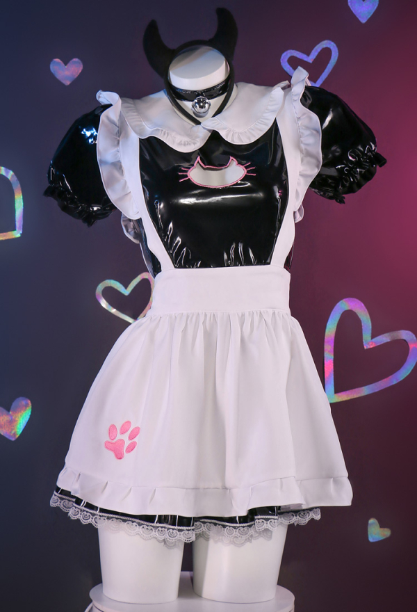 Kawaii Cat Maid Costume Sexy Lingerie Shiny PU Dress and Paw Embroidery Apron Choker Headband