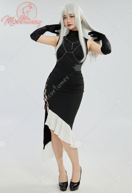 Guitar Sister Side Hollowed Turtleneck Sexy Long Dress and Gloves with Body Chain