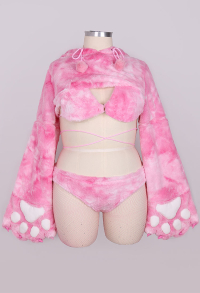 Plus Size Furry Paw Sexy Lingerie Set Pink Cat Plush Crop Hoodie with Bra Panty and Stockings
