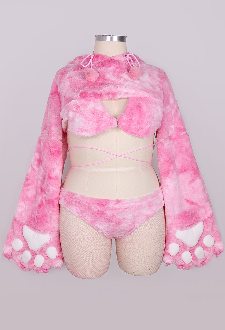 Plus Size Furry Paw Sexy Lingerie Set Pink Cat Plush Crop Hoodie with Bra Panty and Stockings