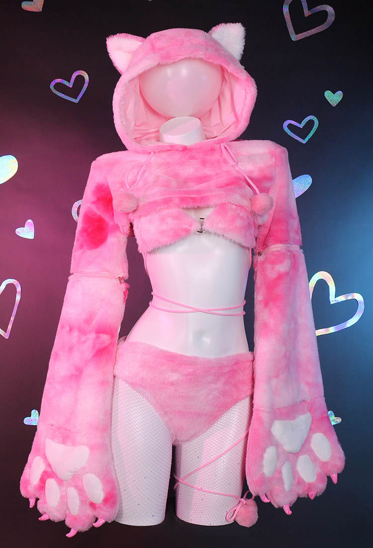 Furry Paw Sexy Lingerie Bikini Set Pink Cat Style Furry Top and Panty with Fishnet Stockings