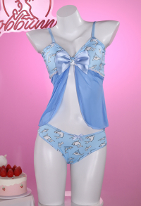 Blue Shark Pattern Sleepwear with Bowknot Sexy Lingerie Underwear Mesh Top and Brief