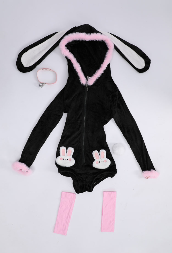 Sexy Kawaii Pink Rosa Schwarz Hase Bodysuit Lingerie Lange Arm Dessous mit Kapuze mit Socken Choker Schwanz