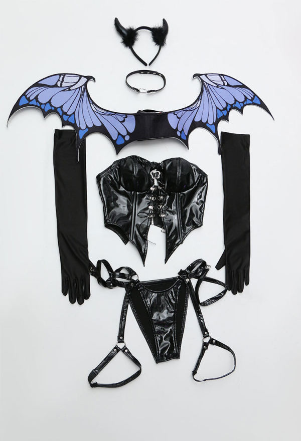 Sexy Punk Gothic Korsett Shorts PU-Leder Dessous - Lila Schmetterling Criss  Cross Schnürung Neckholder Lingerie mit Handschuhe Choker Flügel Set