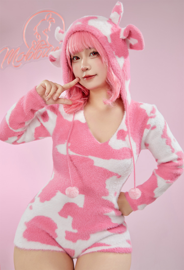 Pink Milk Cow Pattern Fluffy Bodycon Romper - Sexy Lingerie Cow