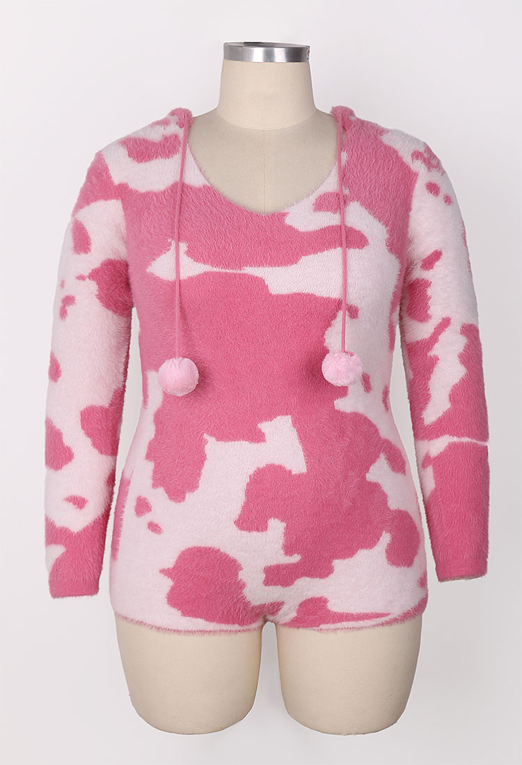 Plus Size Pink Milk Cow Pattern Fluffy Bodycon Romper Sexy Lingerie Furry Hooded Bodysuit Homewear