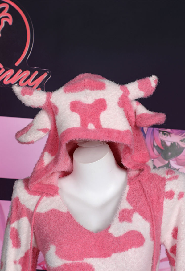 Pink Milk Cow Pattern Fluffy Bodycon Romper Sexy Lingerie Cow Print Furry Hooded Bodysuit Homewear