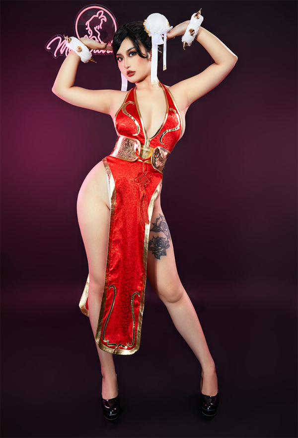 Cheongsam Sexy Lingerie Set Chun Li Derivative Deep V High Slit Dress in Red with Belt Hand Rings