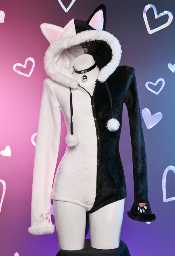 Kawaii Fluffy Bodycon Romper Black White Cat Paw Print Onesie Bodysuit Cat Ear Hooded Homewear Jumpsuit with Choker and Socks