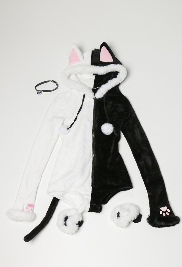 Kawaii Fluffy Bodycon Romper Black White Cat Paw Print Onesie Bodysuit Cat Ear Hooded Homewear Jumpsuit with Choker and Socks