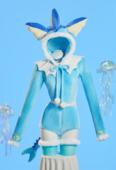 PM Derivative Fluffy Bodycon Romper Sexy Lingerie Blue Furry Hooded Bodysuit Jumpsuit Homewear with Tail Belt and Socks S-4XL