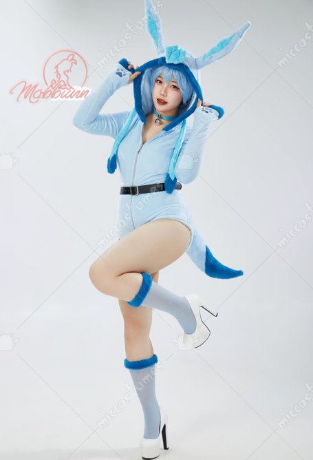 PM Derivative Fluffy Bodycon Romper Blue Furry Lingerie Hooded Bodysuit Jumpsuit Homewear with Tail Belt and Socks S-4XL