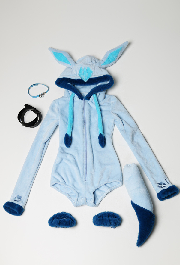 PM Derivado de Fluffy Bodycon Romper Blue Furry Lingerie Hooded  Mono Doméstico con Cola y Medias