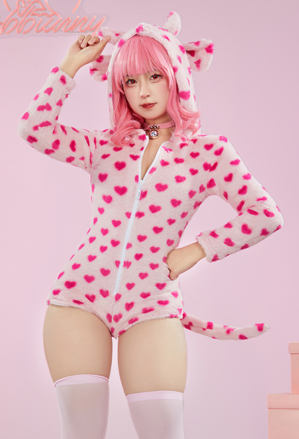 Kawaii Cow Style Fluffy Bodycon Romper Heart Print Onesie Bodysuit Hooded Homewear Jumpsuit with Choker and Socks