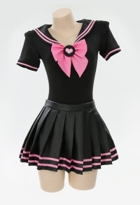 Sexy Black and Pink Set Cute Sailor Collar Bodysuit with Short Skirt and Bow