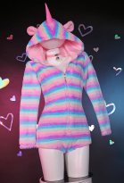 Halloween Kawaii Unicorn Fluffy Bodycon Romper Colorful Striped Print Onesie Bodysuit Hooded Homewear with Choker and Socks