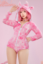 Cute Cow Furry Bodycon Romper Kawaii Pink Bodysuit with Choker and Tail