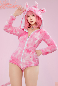 Cute Cow Furry Bodycon Romper Kawaii Pink Bodysuit with Choker and Tail