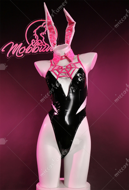 Derivative Sexy Bunny Costume Halloween Halter Spiderweb Bunny Girl Bodysuit Outfit with Headband Gloves Mesh Pantyhose