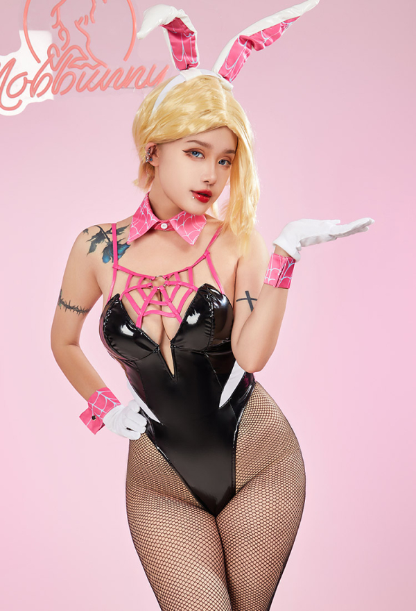 Disfraz de Cosplay Gwen Derivative Sexy Bunny Costume Halter Spiderweb Bunny Girl Bodysuit Outfit con Guantes de Diadema Pantimedias de Malla