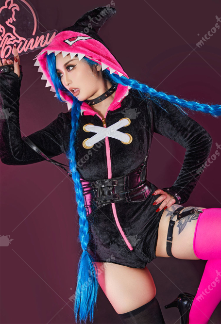 Halloween Game Sexy Lingerie Set Plush Hooded Bodysuit Homewear and Thigh Socks with Choker