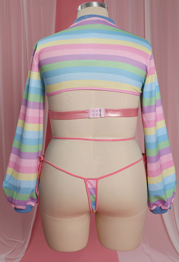 Yes Daddy Sexy Lingerie Set - Rainbow Bunny Ear Long Sleeve Top