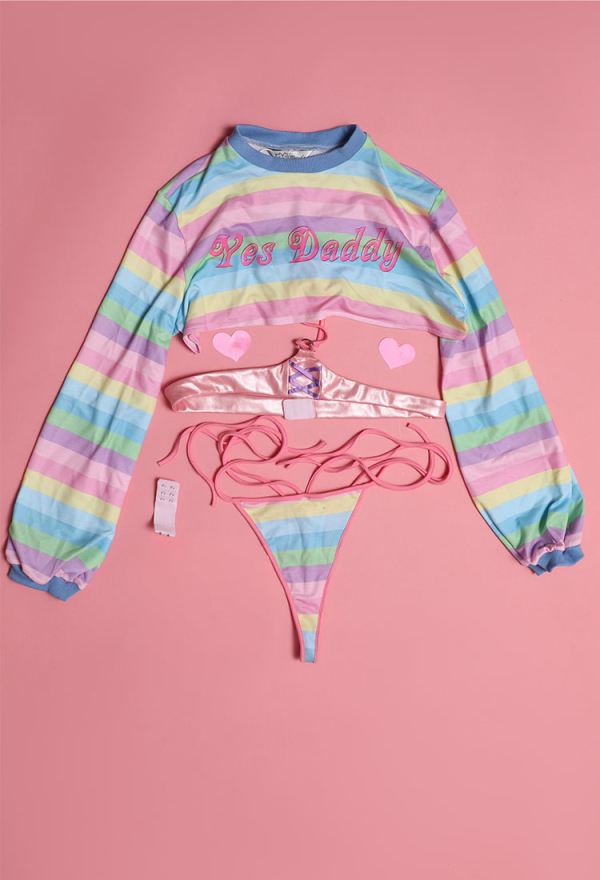 Plus Size Yes Daddy Sexy Lingerie Set Rainbow Stripe Long Sleeve Short Tops  and Panty Set with Nipple Covers