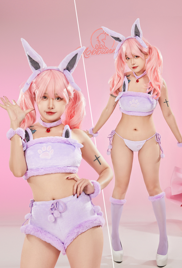 Kawaii Purple Plush Sexy Lingerie Set - PM Derivative Crop Top and Shorts  with Lace-up Panty | Top Quality Lingerie for Sale