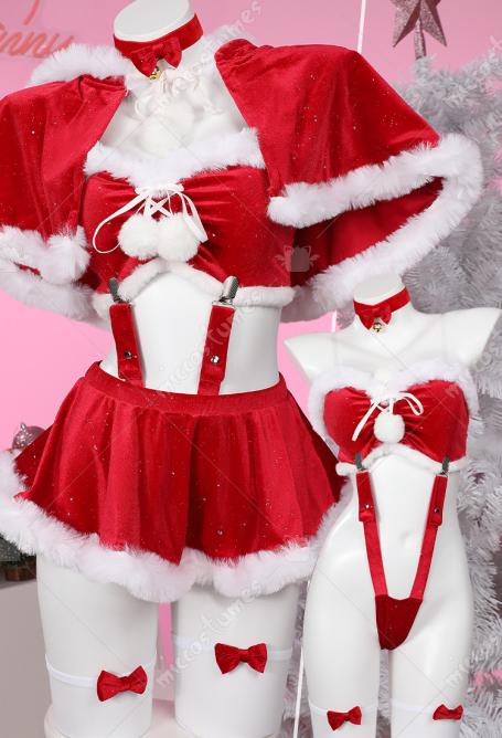 Christmas Mushroom Hat Sexy Lingerie Set Red Top and Panty and Skirt Cloak Set with Stockings