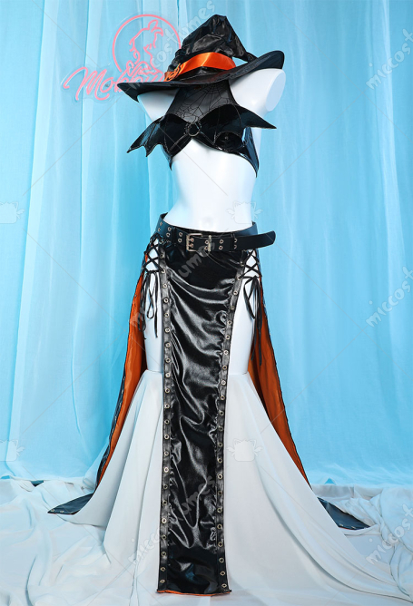 Halloween Gothic Pumpkin Witch Sexy Lingerie Set Halter Bat Wings Top and High Slit Skirt with Hat Gloves Socks
