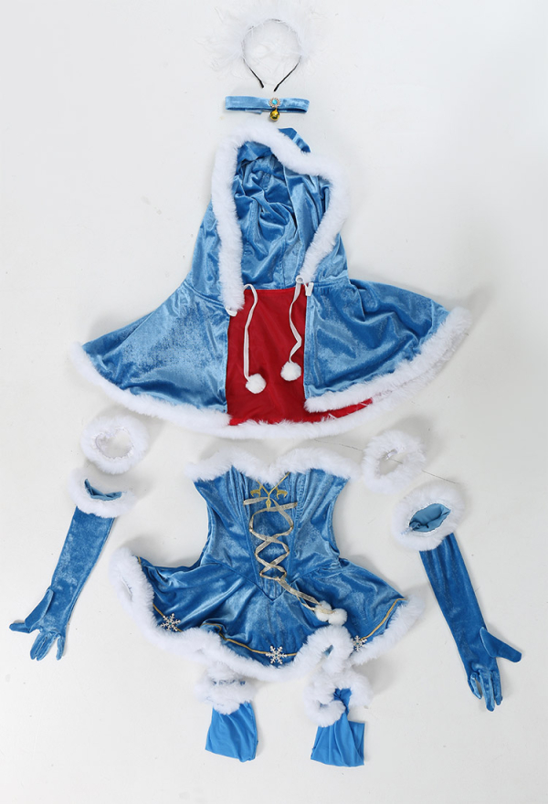 Christmas Sexy Lingerie Costume Blue Bodysuit with Short Cloak