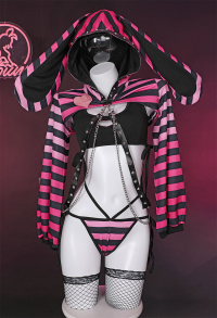 Gothic Sexy Lingerie Set Black Pink Striped Bunny Style Top and Vest Panty Set with Fishnet Stockings and Chains