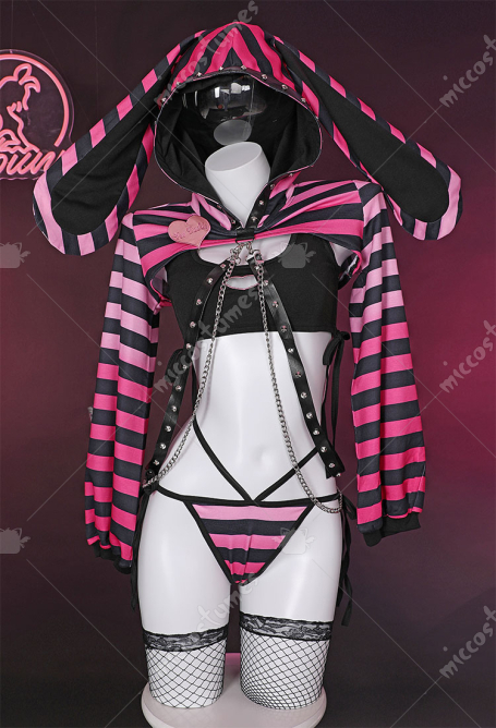 Gothic Sexy Lingerie Set Black Pink Striped Bunny Style Top and Vest Panty Set with Fishnet Stockings and Chains