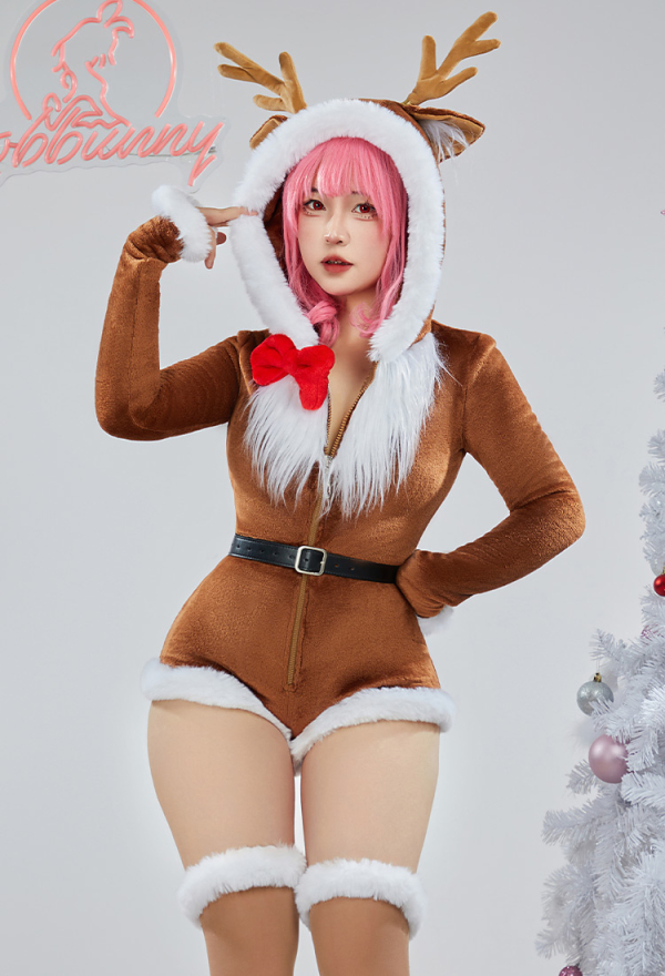 Christmas Reindeer Fluffy Bodycon Romper Sexy Lingerie Furry Brown Hooded Bodysuit Homewear with Belt Socks