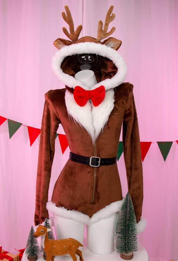 Christmas Reindeer Fluffy Bodycon Romper Sexy Lingerie Furry Brown Hooded Bodysuit Homewear with Belt Socks