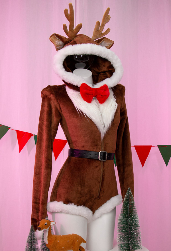 Christmas Reindeer Fluffy Bodycon Romper Sexy Lingerie Furry Brown Hooded Bodysuit Homewear with Belt Socks