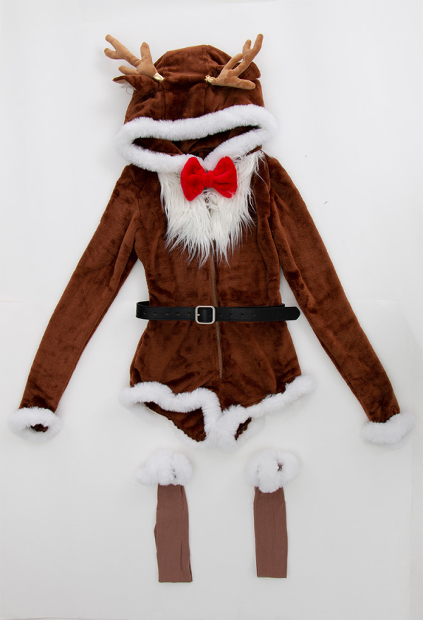 Christmas Reindeer Fluffy Bodycon Romper Sexy Lingerie Furry Brown Hooded Bodysuit Homewear with Belt Socks