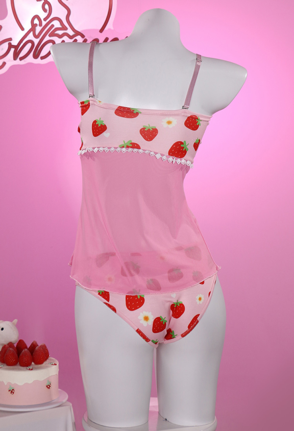 Women Costume - Strawberry Daisy Pattern with Bowknot Sexy Lingerie Set Mesh Top and Brief | Top Quality Outfits for Sale Women Costume - Strawberry Daisy Pattern with Bowknot Sexy Lingerie Set Mesh Top and Brief | Top Quality Outfits for Sale