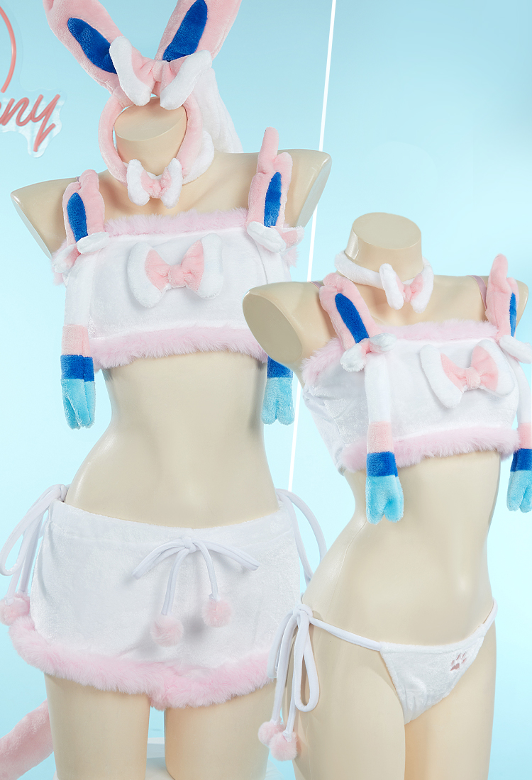 Kawaii Lingerie Set Plush Homewear Pink Crop Top and Shorts with Headband and Socks