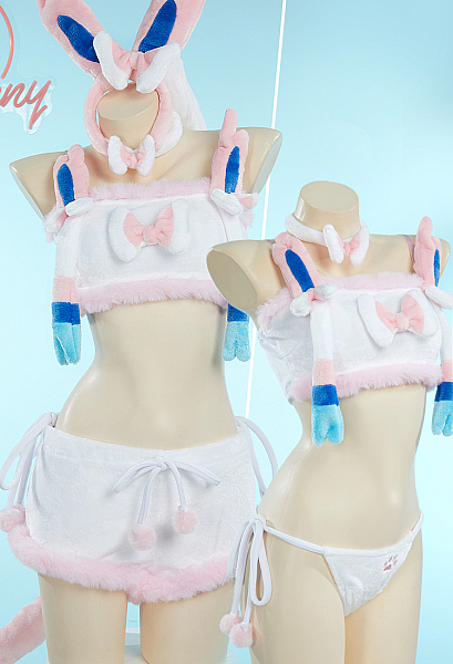 Kawaii Lingerie Set Plush Homewear Pink Crop Top and Shorts with Headband and Socks